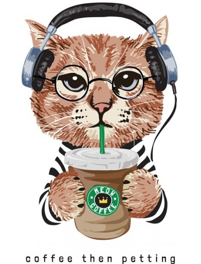 KAHVELİ BEYAZ KEDİ - DTF TRANSFER BASKI ÜRÜNÜ