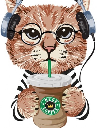 KAHVELİ BEYAZ KEDİ - DTF TRANSFER BASKI ÜRÜNÜ